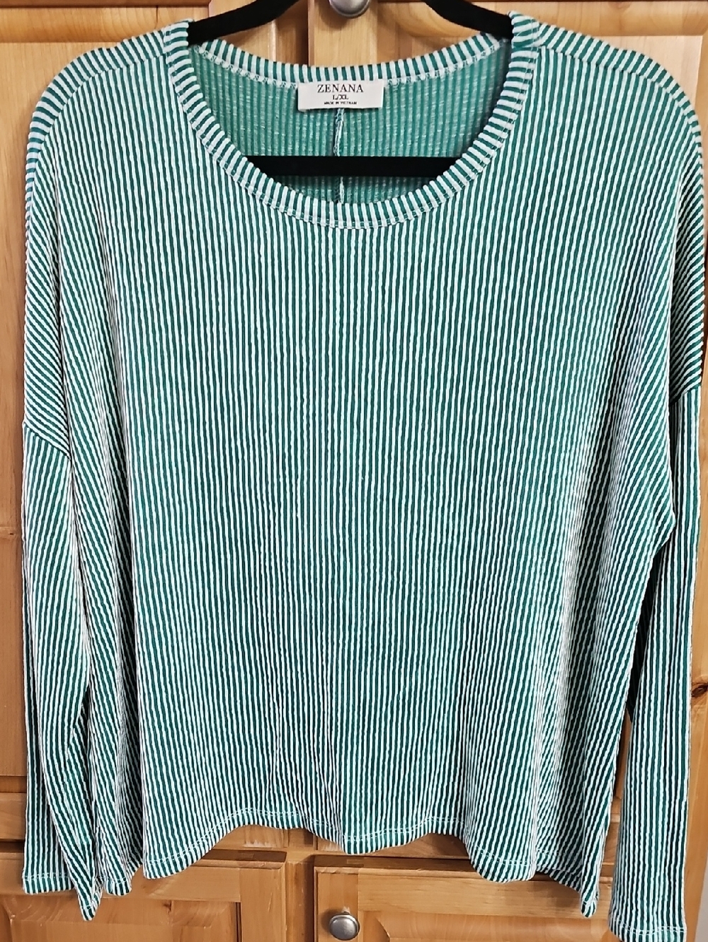 Zenana Outfitters, Ribbed, Green and White Narrow-Striped Crewneck Sweater